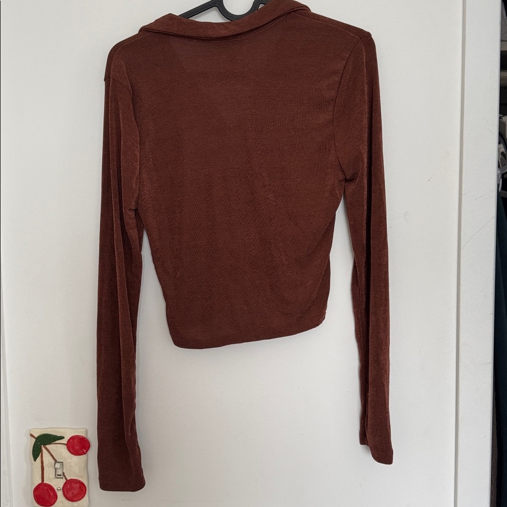 Brown Ruched Button-Up Top - Picture 2 of 3